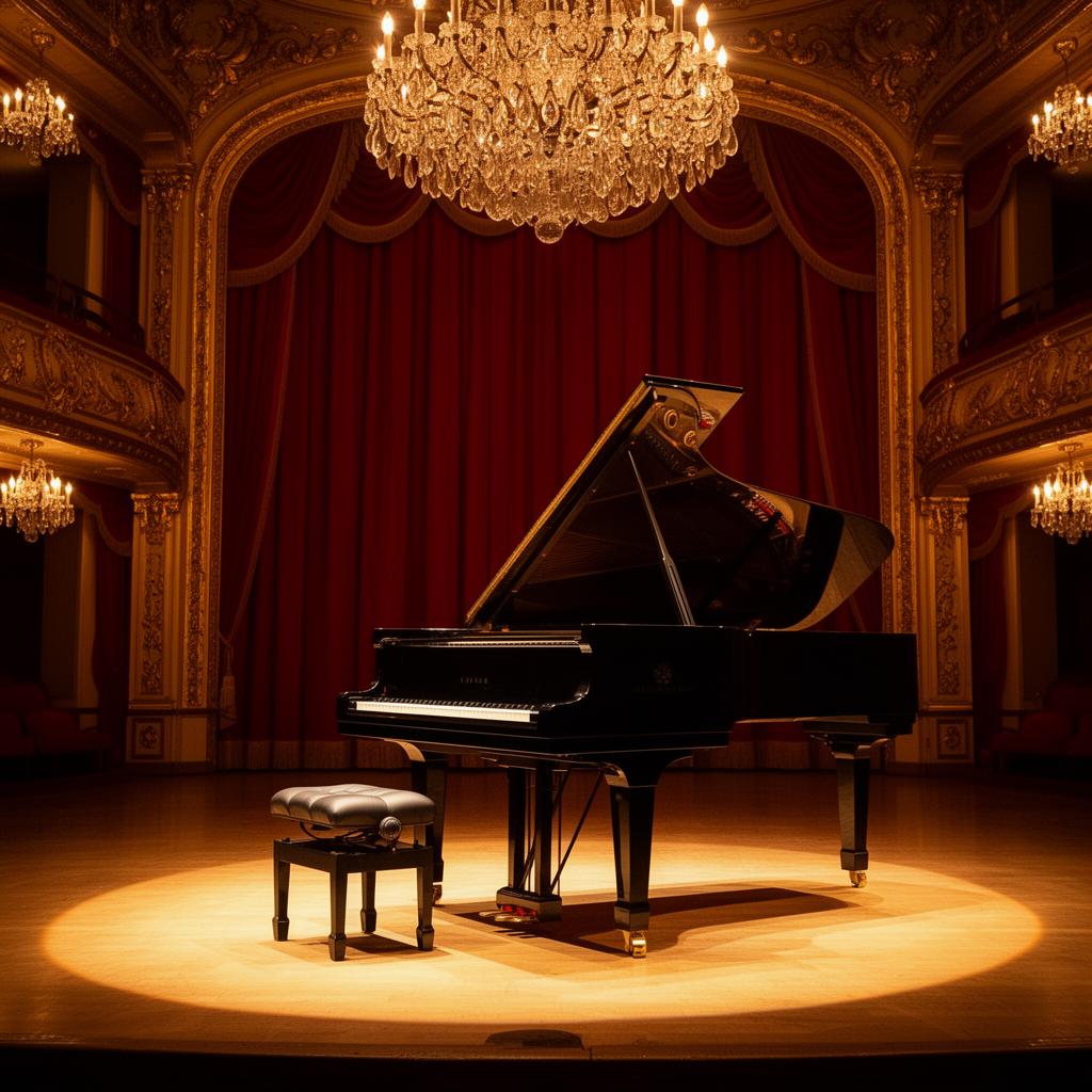 Elegant grand piano on an ornate opera stage with warm golden lighting