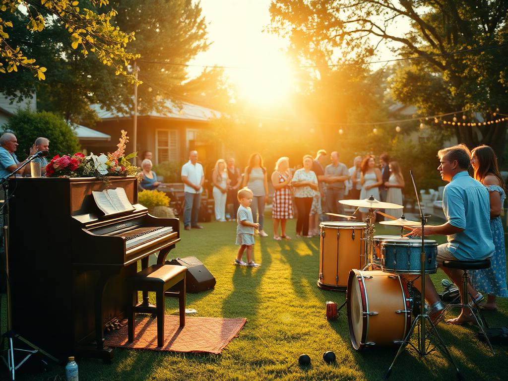 Outdoor community music event with instruments and families on a sunlit lawn
